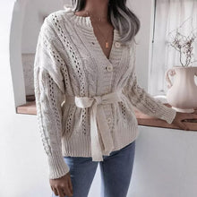 Load image into Gallery viewer, Waist Knit Cardigan Hollow Belt Twist Button