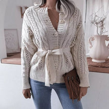 Load image into Gallery viewer, Waist Knit Cardigan Hollow Belt Twist Button
