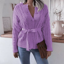 Load image into Gallery viewer, Waist Knit Cardigan Hollow Belt Twist Button
