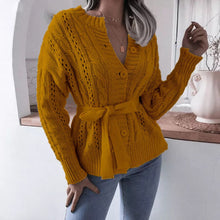 Load image into Gallery viewer, Waist Knit Cardigan Hollow Belt Twist Button