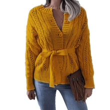 Load image into Gallery viewer, Waist Knit Cardigan Hollow Belt Twist Button