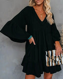 Women's Babydoll Tunic Dress V Neck 3/4 Sleeve Ruffle Sundress Casual