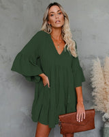 Women's Babydoll Tunic Dress V Neck 3/4 Sleeve Ruffle Sundress Casual