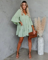 Women's Babydoll Tunic Dress V Neck 3/4 Sleeve Ruffle Sundress Casual