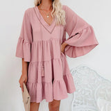 Women's Babydoll Tunic Dress V Neck 3/4 Sleeve Ruffle Sundress Casual