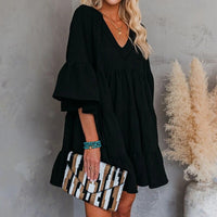 Women's Babydoll Tunic Dress V Neck 3/4 Sleeve Ruffle Sundress Casual