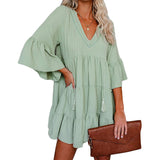 Women's Babydoll Tunic Dress V Neck 3/4 Sleeve Ruffle Sundress Casual