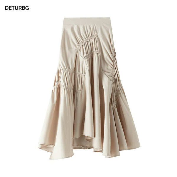 Women's Elegant Pleated Midi Skirt Ladies Casual High Waist Solid