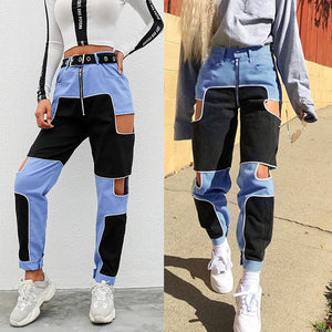 Women's Jeans High Waist Hollow Out Pocket Zipper Straight Pants