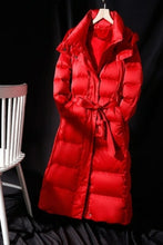 Load image into Gallery viewer, Women&#39;s Long Lace-up Hooded Down Jacket Zipper Puffer