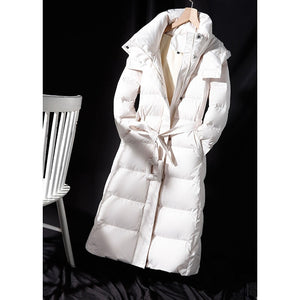 Women's Long Lace-up Hooded Down Jacket Zipper Puffer