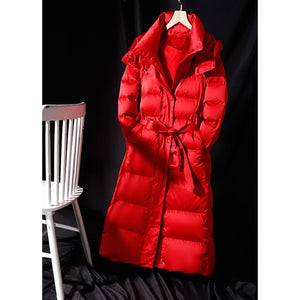 Women's Long Lace-up Hooded Down Jacket Zipper Puffer