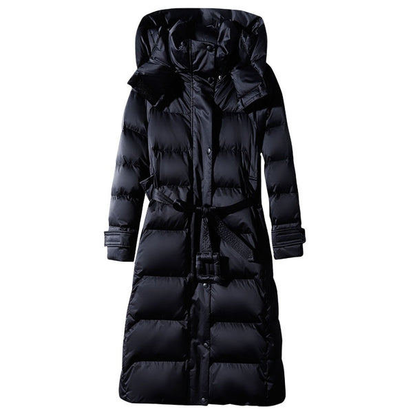 Women's Long Lace-up Hooded Down Jacket Zipper Puffer