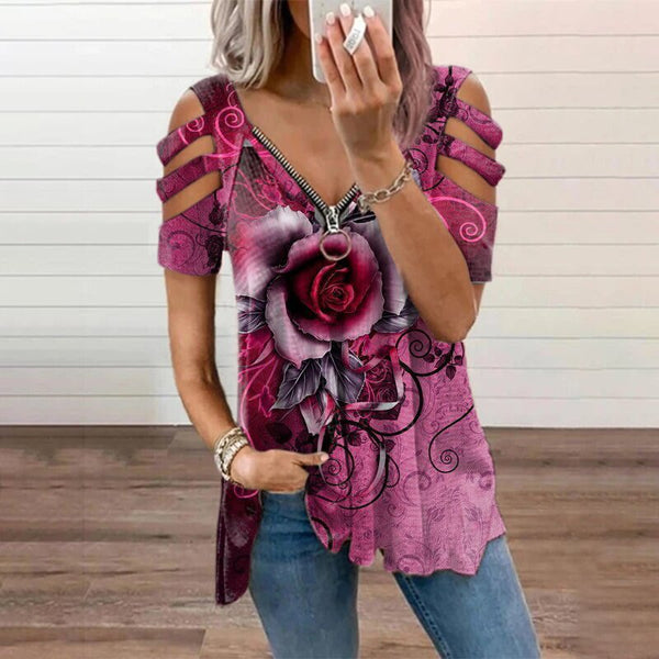 Women's Loose Casual Printing Rose Printing T shirt Top Summer  Short