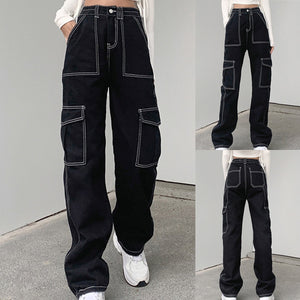 Women’s Mid Waisted Jeans Wide Leg Pants Straight Poket Jeans Casual