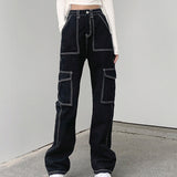 Women’s Mid Waisted Jeans Wide Leg Pants Straight Poket Jeans Casual