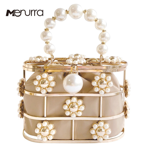 Women's Pearl Handbag Flower Clutch Evening Bag Bead Pearls Top Handle