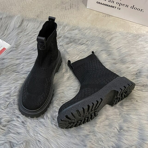 Women's Short Boots Knitted Stretch Boots Socks Boots Round Toe Square