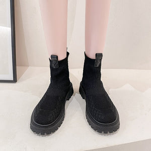 Women's Short Boots Knitted Stretch Boots Socks Boots Round Toe Square