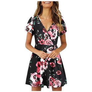 Women's Short Sleeve V Neck Summer Floral Sundress Casual Mini Dress - Sophornlilly