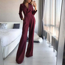 Load image into Gallery viewer, Women's Solid Deep V Jumpsuits Long Sleeve High Waist Wide Leg Rompers