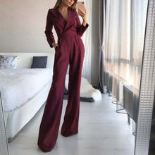 Load image into Gallery viewer, Women's Solid Deep V Jumpsuits Long Sleeve High Waist Wide Leg Rompers