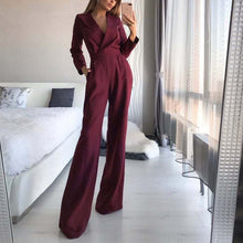 Load image into Gallery viewer, Women's Solid Deep V Jumpsuits Long Sleeve High Waist Wide Leg Rompers