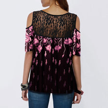 Load image into Gallery viewer, Cold Shoulder Printed Lace Patchwork Blouse Tops Short Sleeve