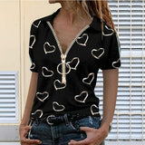 Women's Summer New Zipper T Shirt V Neck Casual Loose Short Sleeve Top