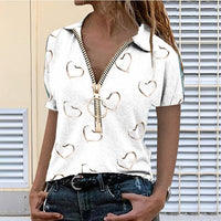 Women's Summer New Zipper T Shirt V Neck Casual Loose Short Sleeve Top