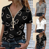 Women's Summer New Zipper T Shirt V Neck Casual Loose Short Sleeve Top