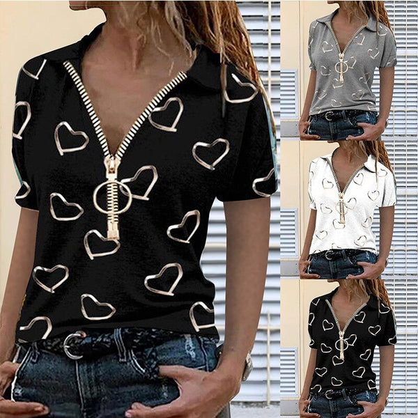 Women's Summer New Zipper T Shirt V Neck Casual Loose Short Sleeve Top