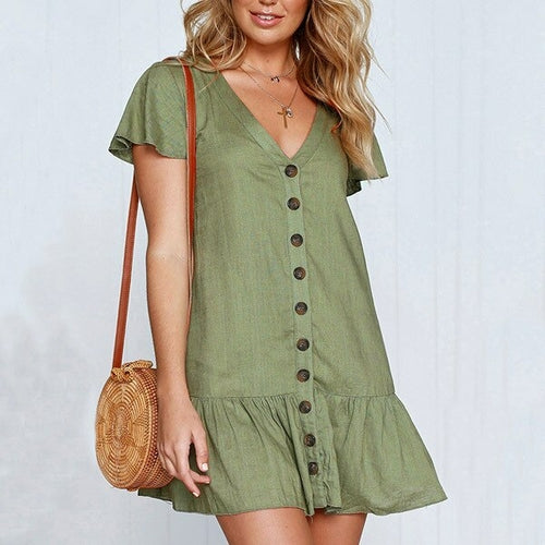 Women's summer new V neck breasted loose cotton hemp casual short