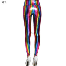 Load image into Gallery viewer, Hologram Metallic Rainbow Leggings Glitter Neon Stripes