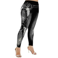 Womens Leggings Imitation Jeans Floral Printing Elastic Waist Pencil