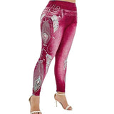 Womens Leggings Imitation Jeans Floral Printing Elastic Waist Pencil