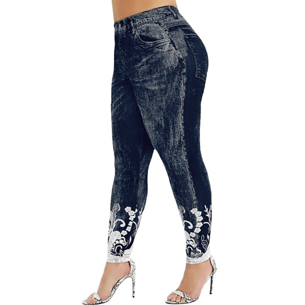 Leggings Imitation Jeans Floral Printing Elastic Waist Pencil