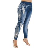 Womens Leggings Imitation Jeans Floral Printing Elastic Waist Pencil