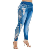 Womens Leggings Imitation Jeans Floral Printing Elastic Waist Pencil