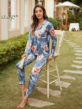 Load image into Gallery viewer, Womens Pajamas Set Silk Satin Sleepwear Women Casual Long Sleeve