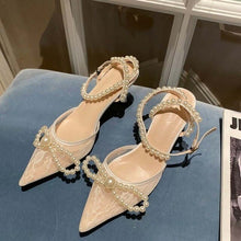 Load image into Gallery viewer, Pointed Toe Lace Clear Transparent Pearls Ankle S strap