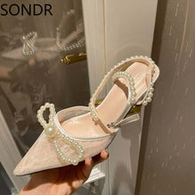 Load image into Gallery viewer, Pointed Toe Lace Clear Transparent Pearls Ankle S strap