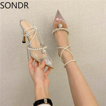 Load image into Gallery viewer, Pointed Toe Lace Clear Transparent Pearls Ankle S strap