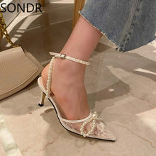 Load image into Gallery viewer, Pointed Toe Lace Clear Transparent Pearls Ankle S strap
