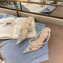 Load image into Gallery viewer, Pointed Toe Lace Clear Transparent Pearls Ankle S strap