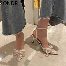 Load image into Gallery viewer, Pointed Toe Lace Clear Transparent Pearls Ankle S strap