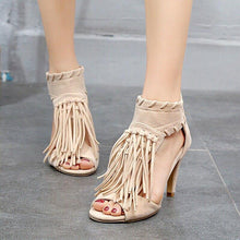 Load image into Gallery viewer, Womens Vintage Faux Suede Tassels Roman Shoes Kitten High Heels Peep - Sophornlilly