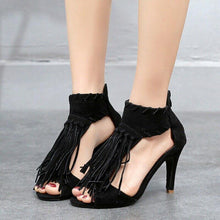 Load image into Gallery viewer, Womens Vintage Faux Suede Tassels Roman Shoes Kitten High Heels Peep - Sophornlilly