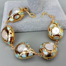 Load image into Gallery viewer, Natural  White Coin Freshwater Pearl Blue larimar Chips Pave