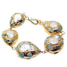 Load image into Gallery viewer, Natural  White Coin Freshwater Pearl Blue larimar Chips Pave